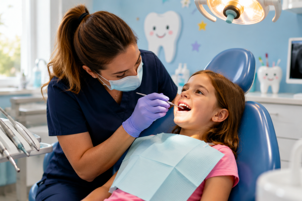 Pediatric dentist treating a young child during an emergency dental visit in a modern dental office