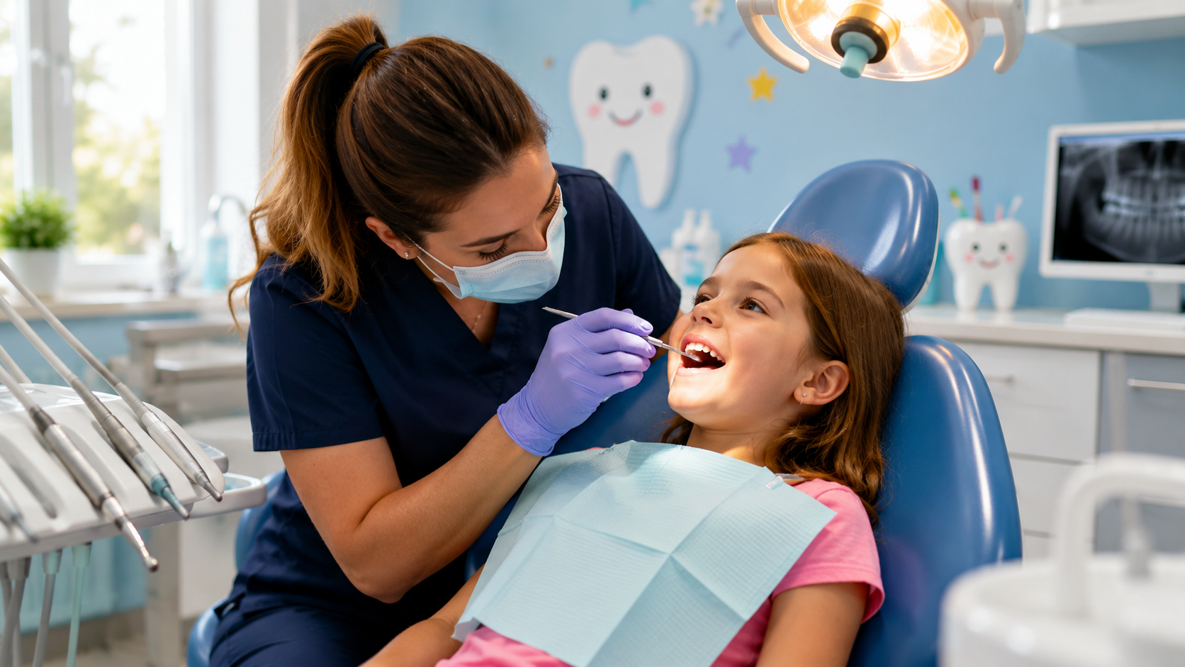 Pediatric dentist treating a young child during an emergency dental visit in a modern dental office