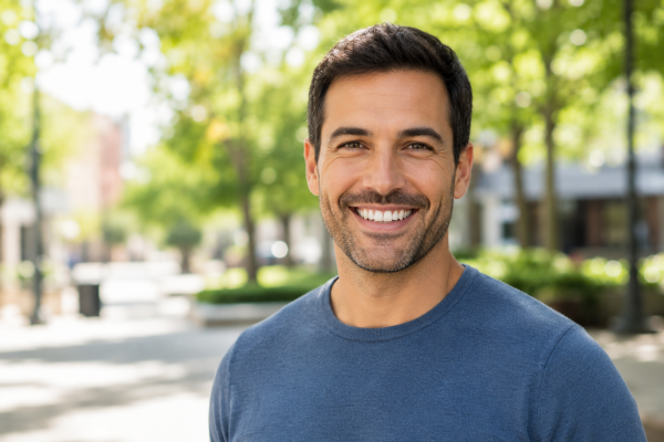 Happy adult patient smiling confidently outdoors after restorative dentistry treatment in Stamford