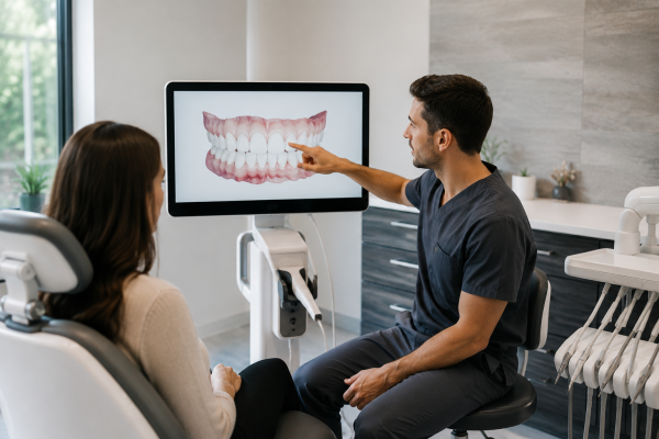 Patient reviewing cosmetic dentistry treatment options with a dentist in a modern dental office