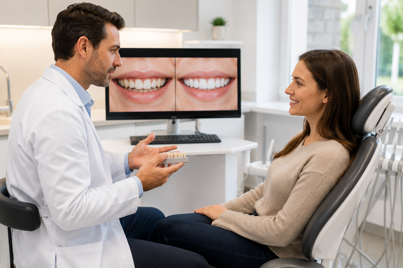 Dentist reviewing porcelain veneer treatment options with a patient in a modern cosmetic dental office