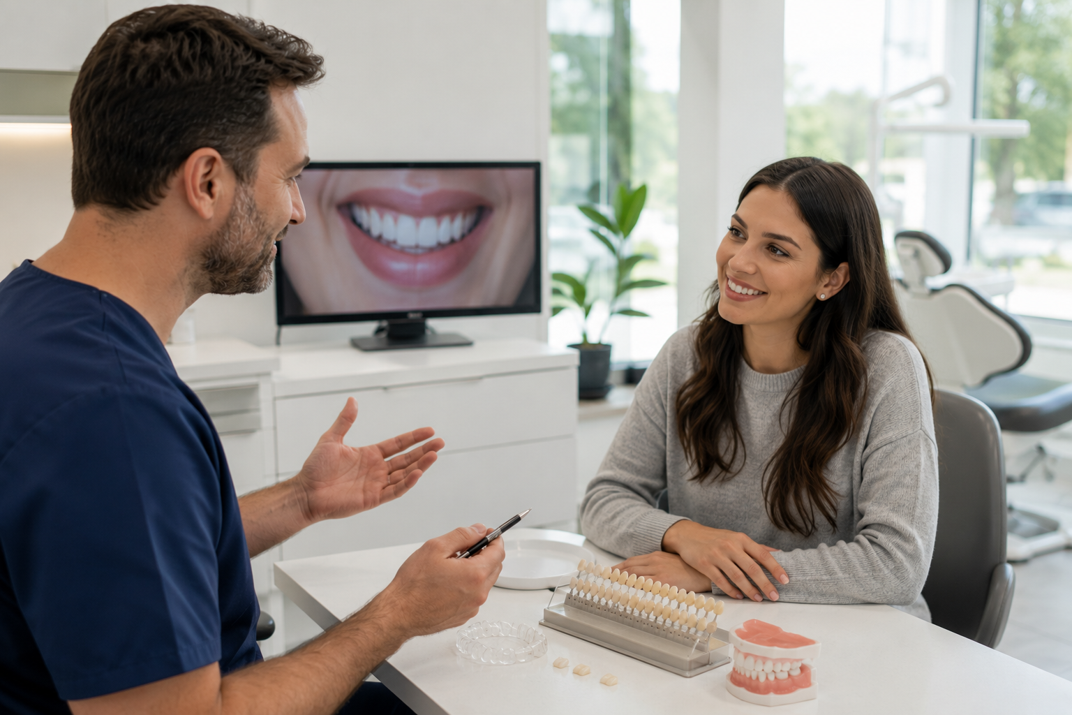 Cosmetic dentist discussing treatment costs and smile makeover options with a patient in a modern dental office.