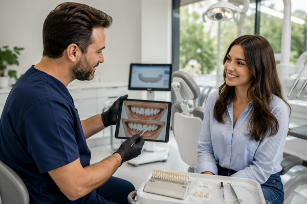Cosmetic dentist comparing dental bonding and porcelain veneers with a patient during a smile consultation.
