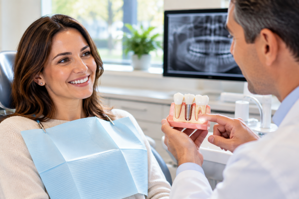 Dentist explaining a dental implant to a patient in Stamford CT