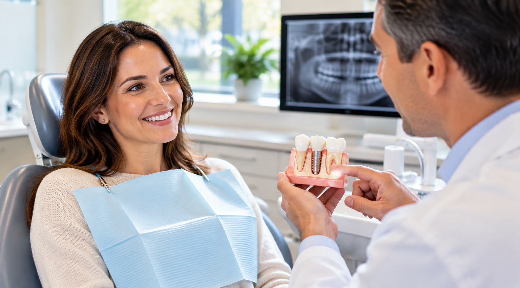 Dentist explaining a dental implant to a patient in Stamford CT